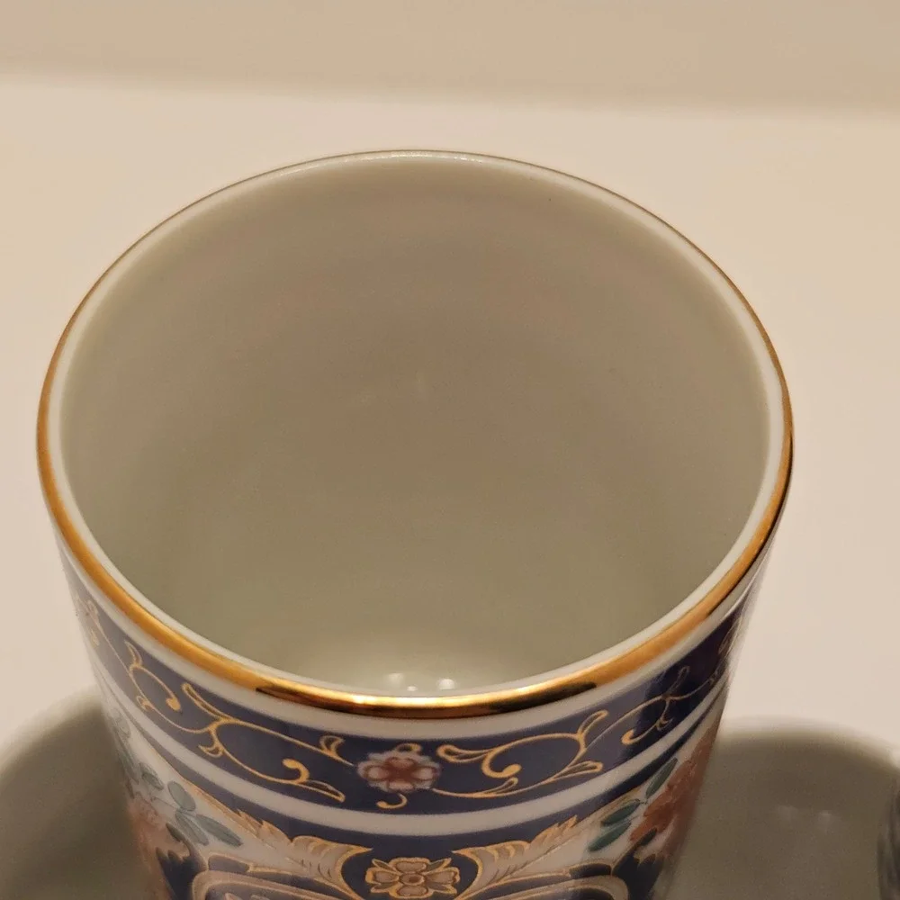 Vintage Japanese Imari Porcelain Tea Cups Set of 5 Floral Gold Gilt Yunomi Blue